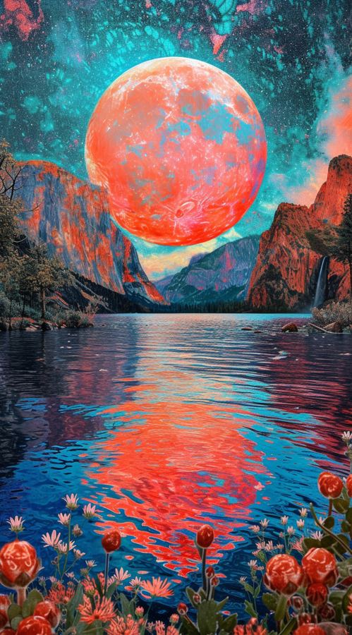 Large amber moon reflected in a mountain lake