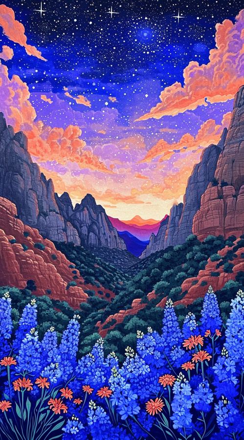 Desert canyon under a starry dusk sky