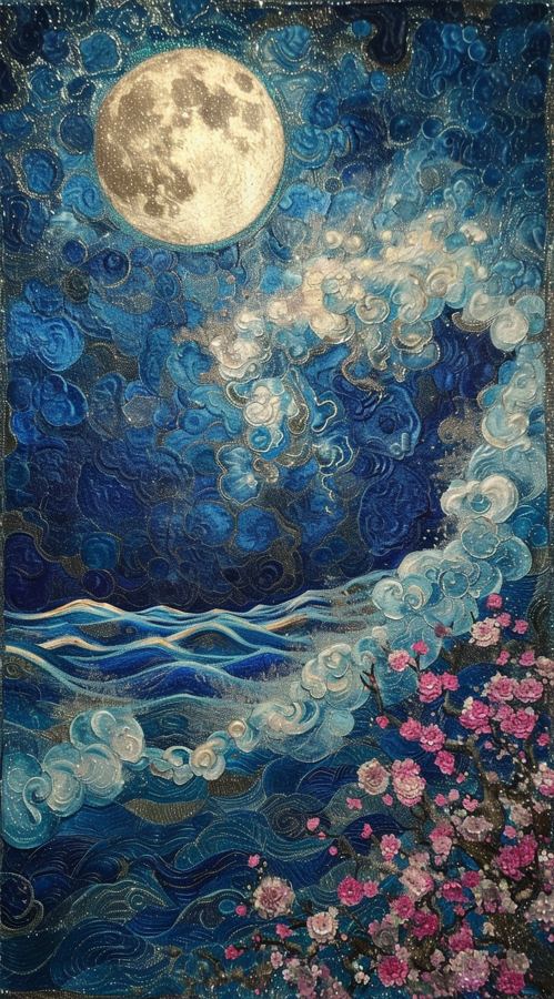 Moonlit ocean landscape with cherry blossom branches